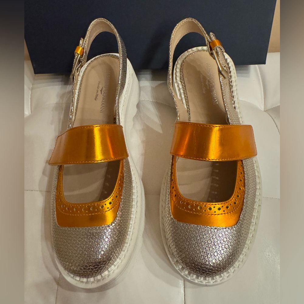 NWT. Alberto Guardian Silver and Orange Sandals in box. Made in Italy. Leather.